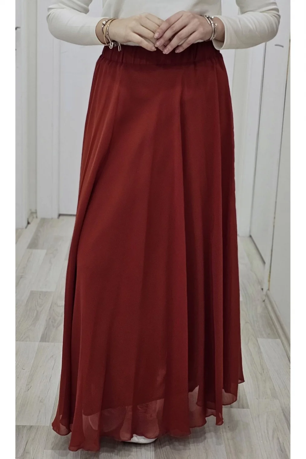 Bel Lastikli Kloş Şifon Etek 6003-Kiremit