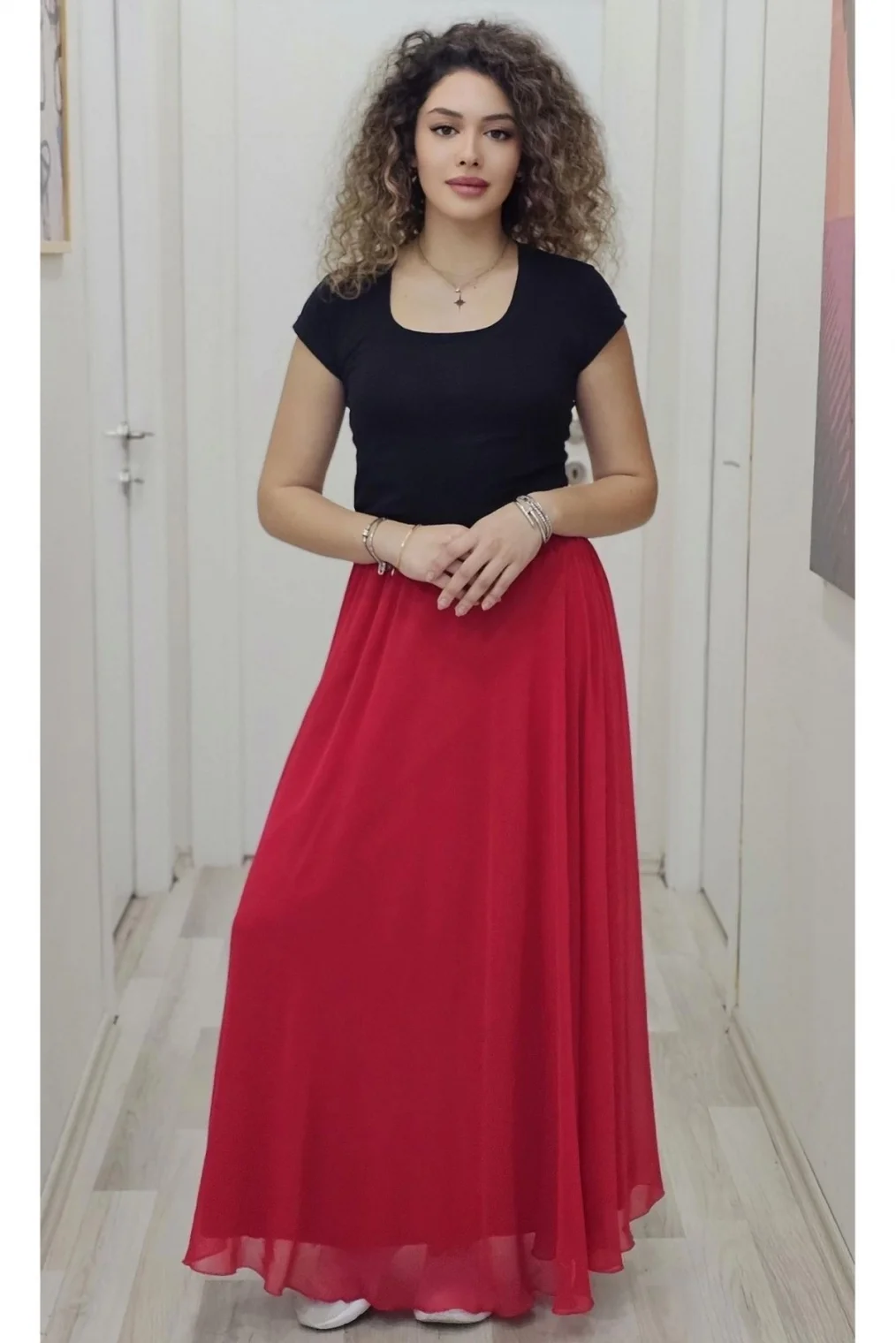 Bel Lastikli Kloş Şifon Etek 6003-Kırmızı