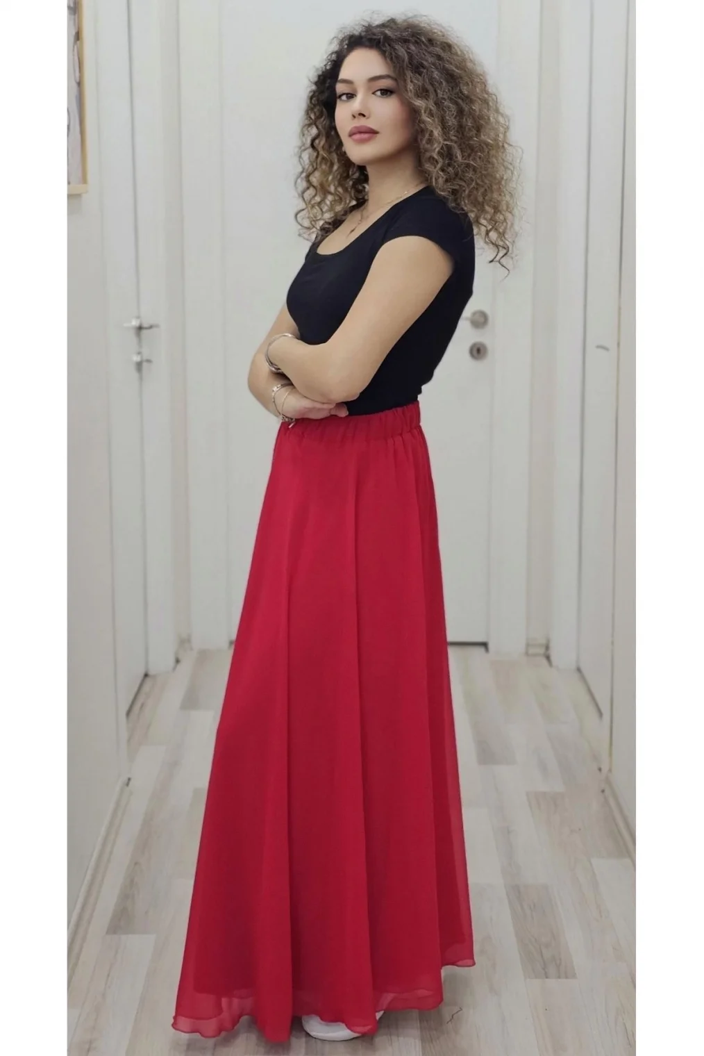 Bel Lastikli Kloş Şifon Etek 6003-Kırmızı