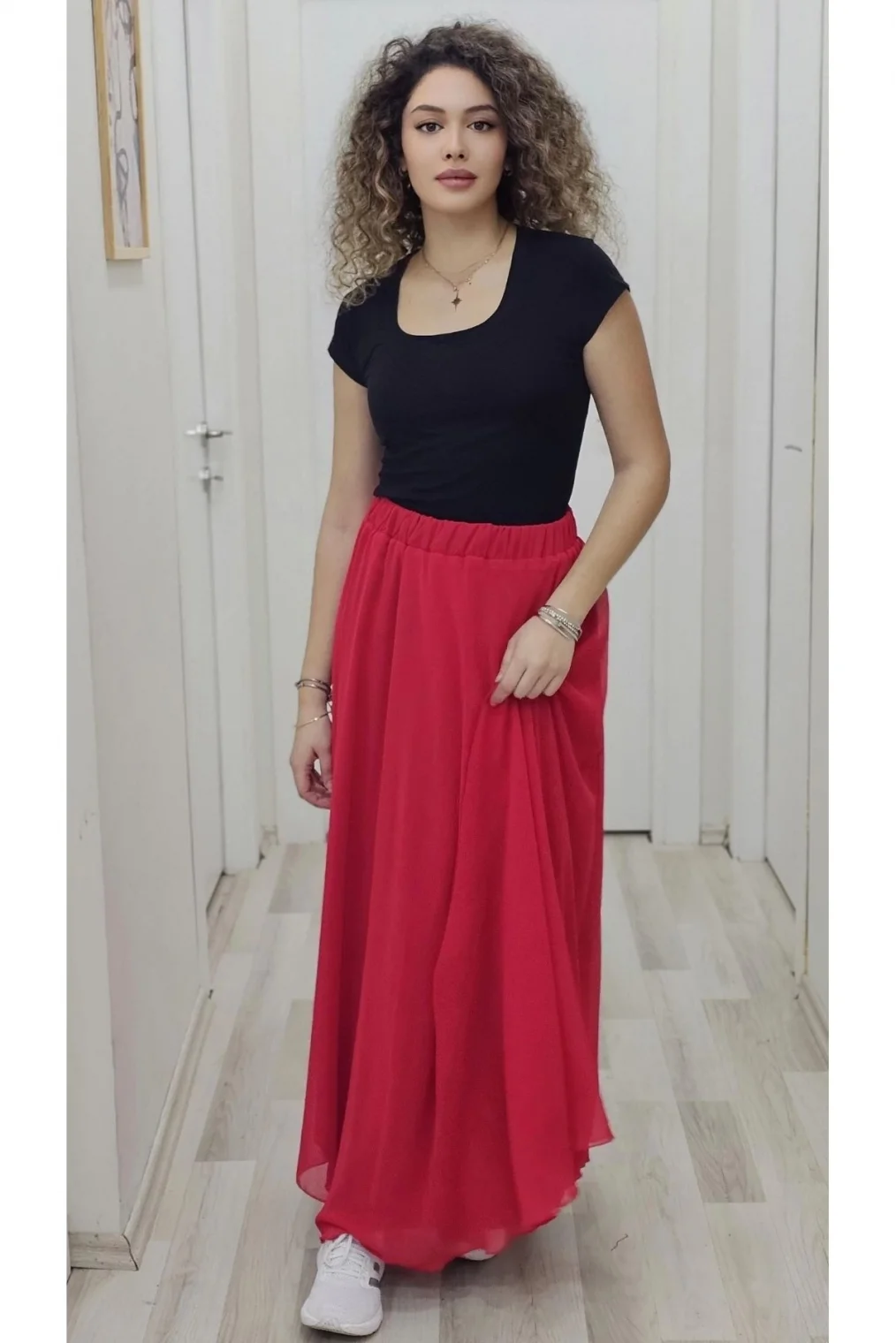 Bel Lastikli Kloş Şifon Etek 6003-Kırmızı