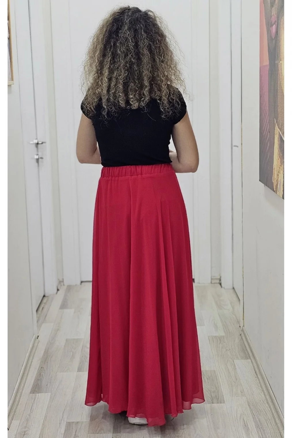 Bel Lastikli Kloş Şifon Etek 6003-Kırmızı