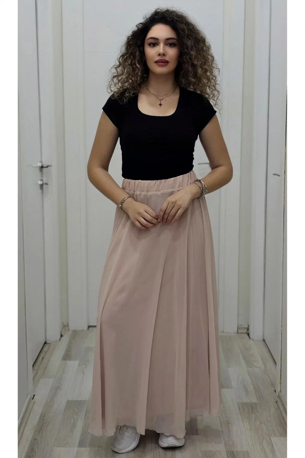 Bel Lastikli Kloş Şifon Etek 6003-Pudra