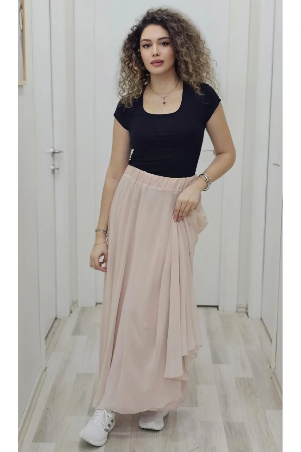 Bel Lastikli Kloş Şifon Etek 6003-Pudra