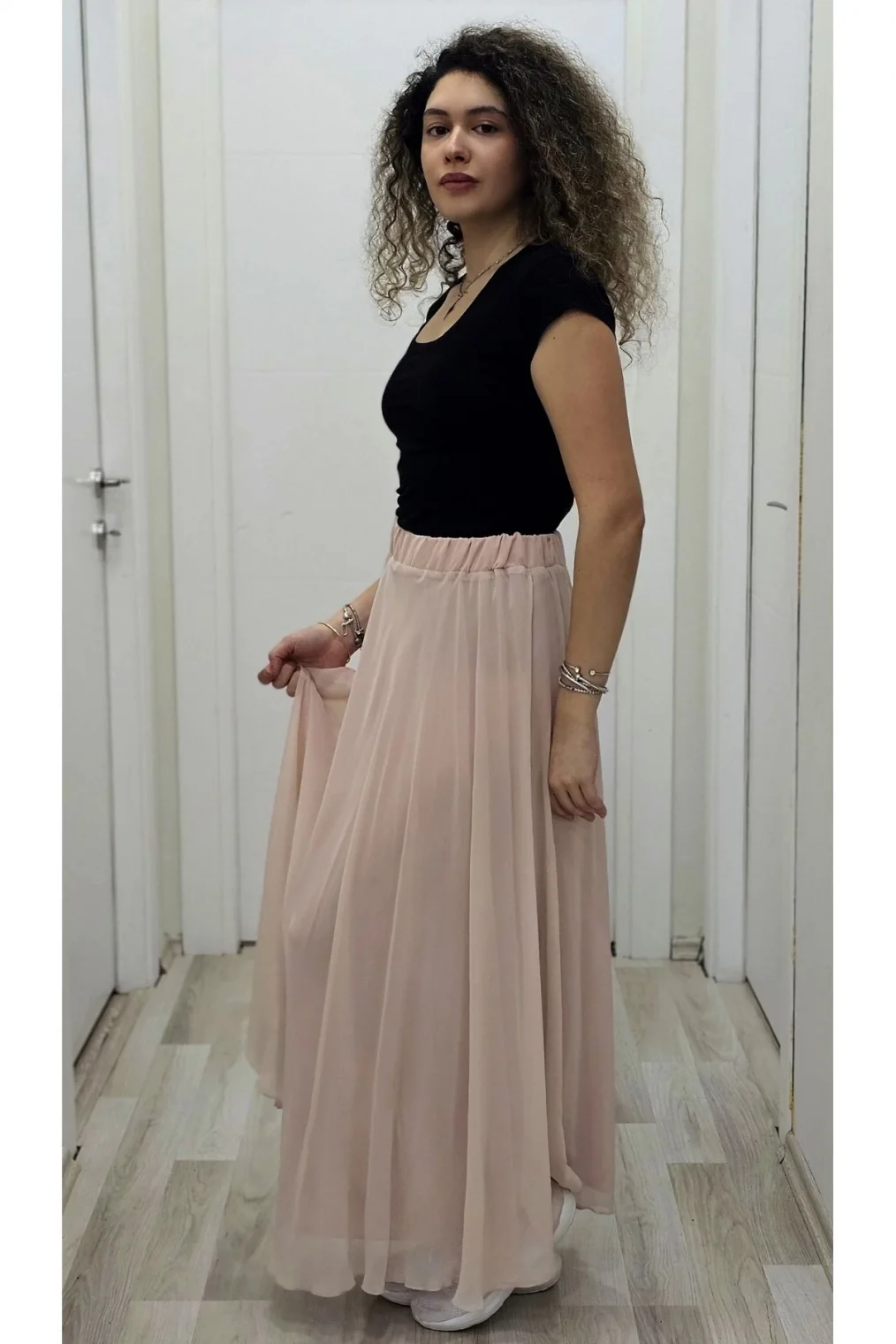 Bel Lastikli Kloş Şifon Etek 6003-Pudra