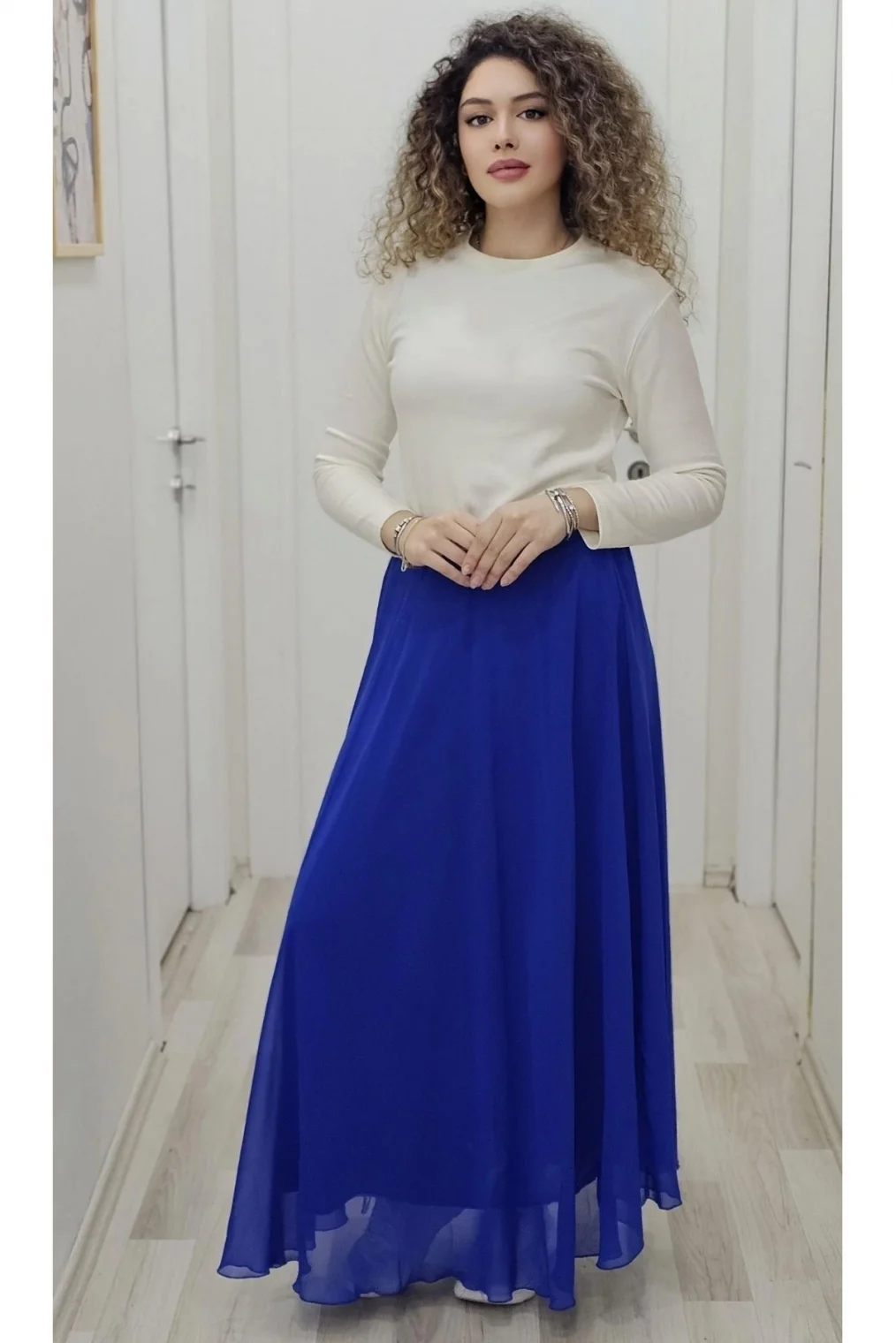 Bel Lastikli Kloş Şifon Etek 6003-Saks