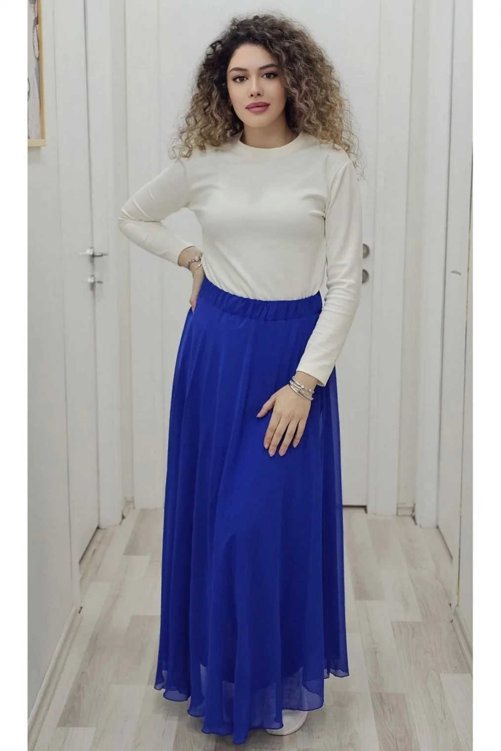 Bel Lastikli Kloş Şifon Etek 6003-Saks