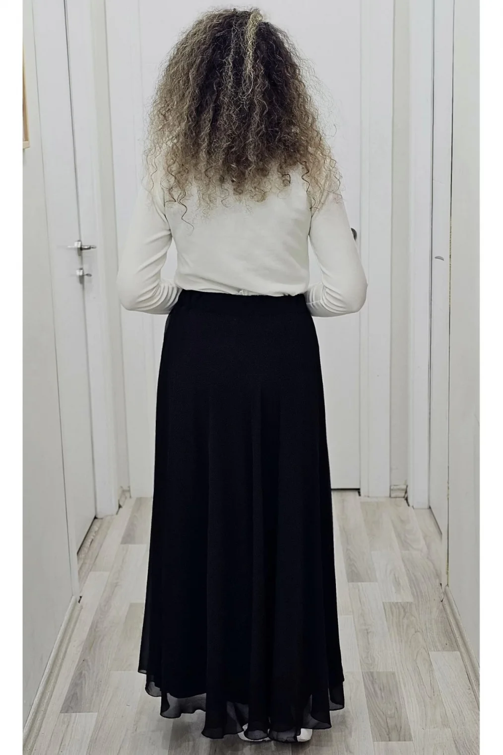 Bel Lastikli Kloş Şifon Etek 6003-Siyah