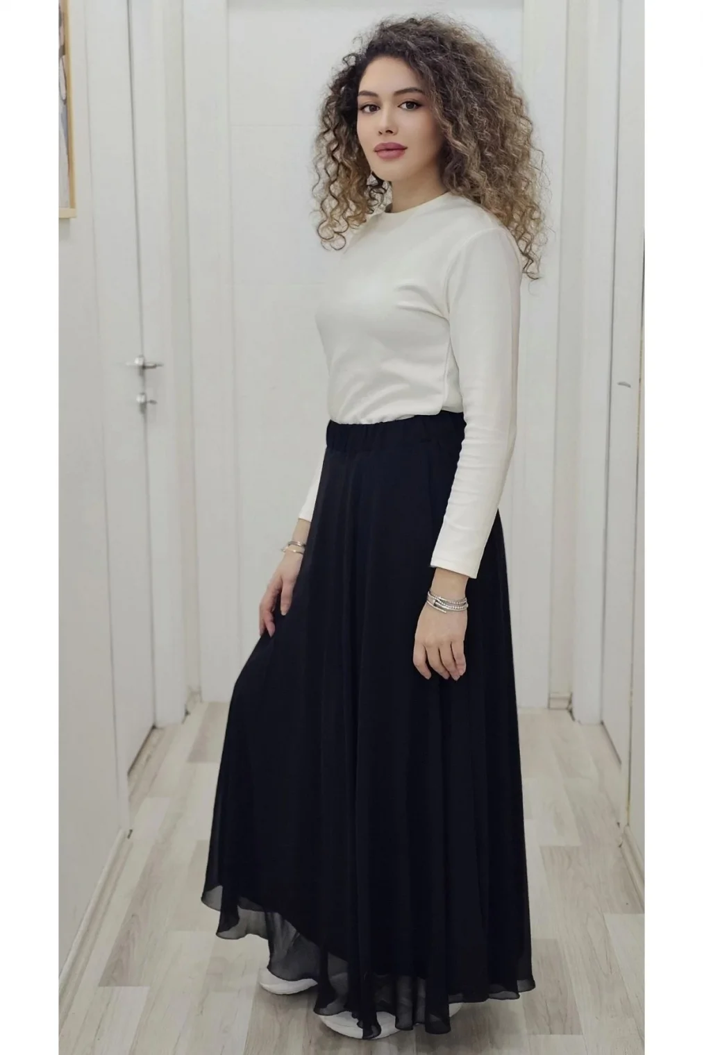 Bel Lastikli Kloş Şifon Etek 6003-Siyah