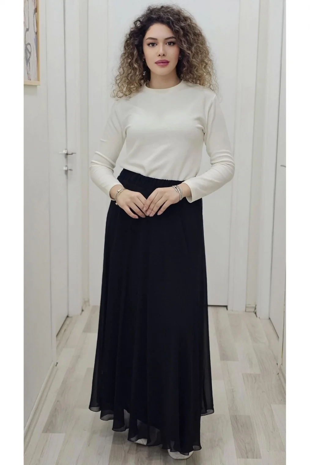 Bel Lastikli Kloş Şifon Etek 6003-Siyah