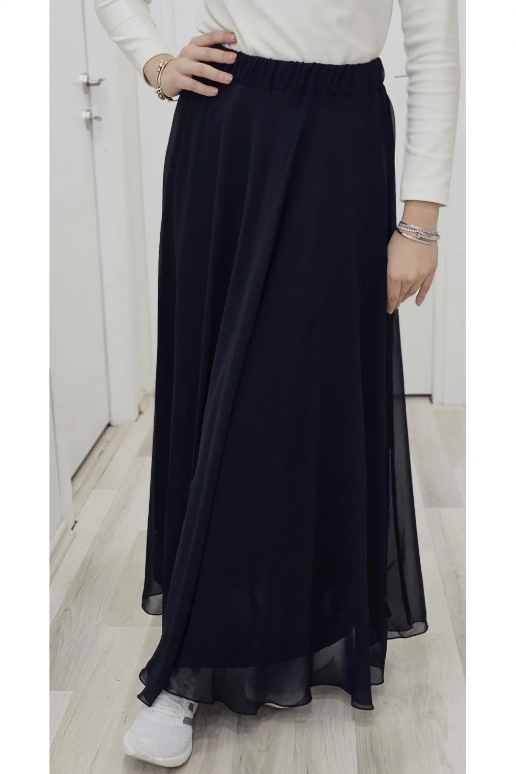 Bel Lastikli Kloş Şifon Etek 6003-Siyah