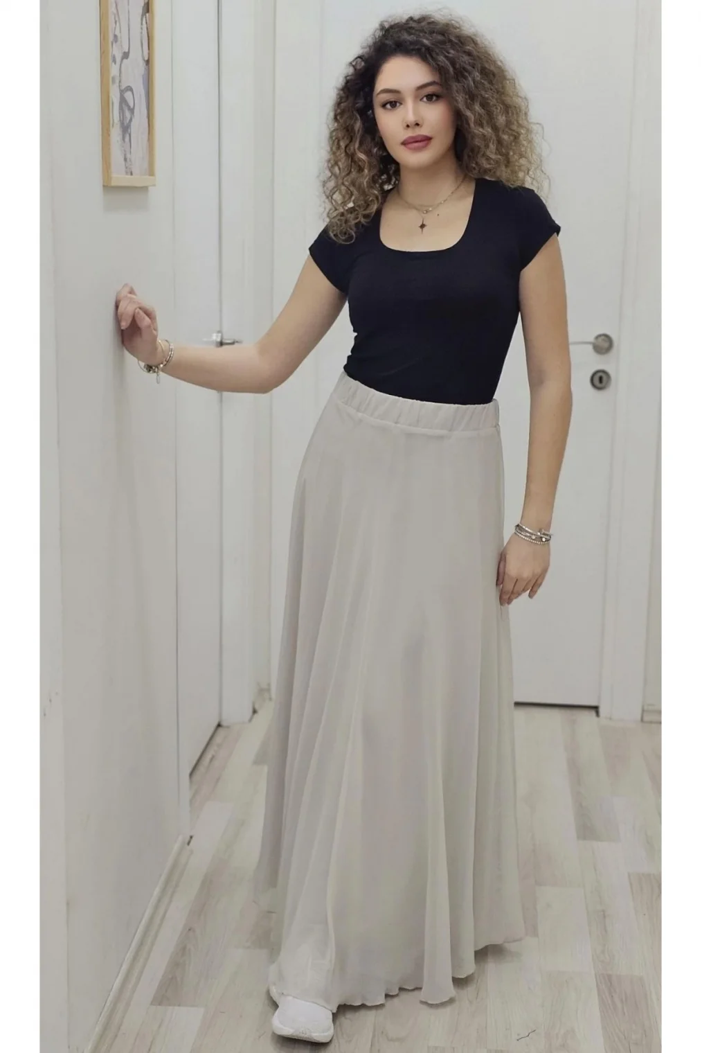 Bel Lastikli Kloş Şifon Etek 6003-Taş