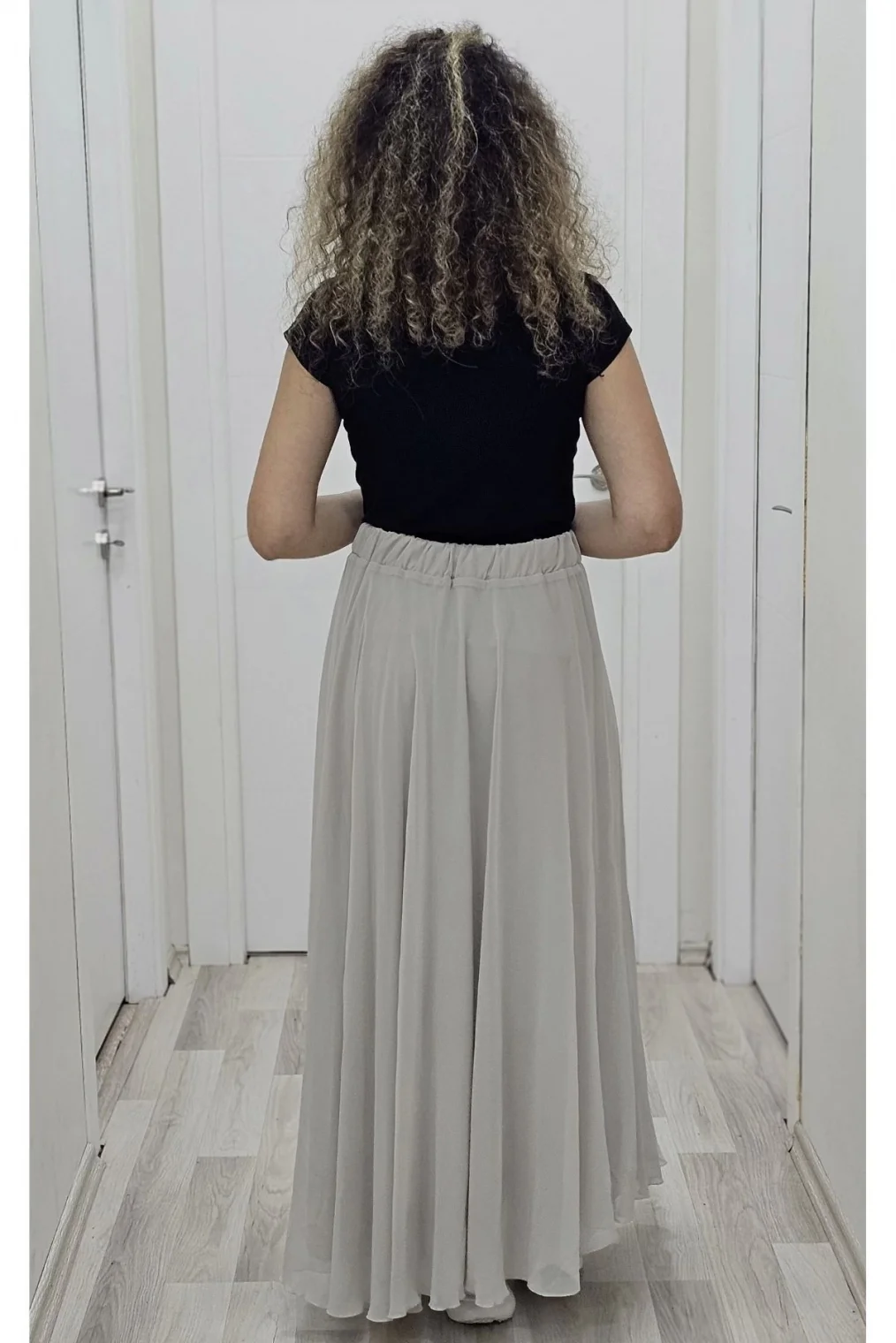 Bel Lastikli Kloş Şifon Etek 6003-Taş