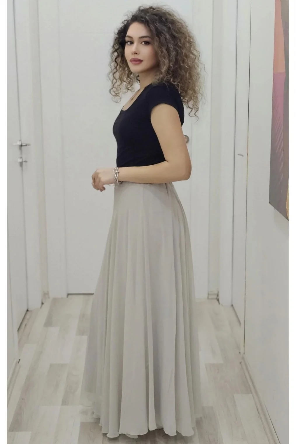 Bel Lastikli Kloş Şifon Etek 6003-Taş