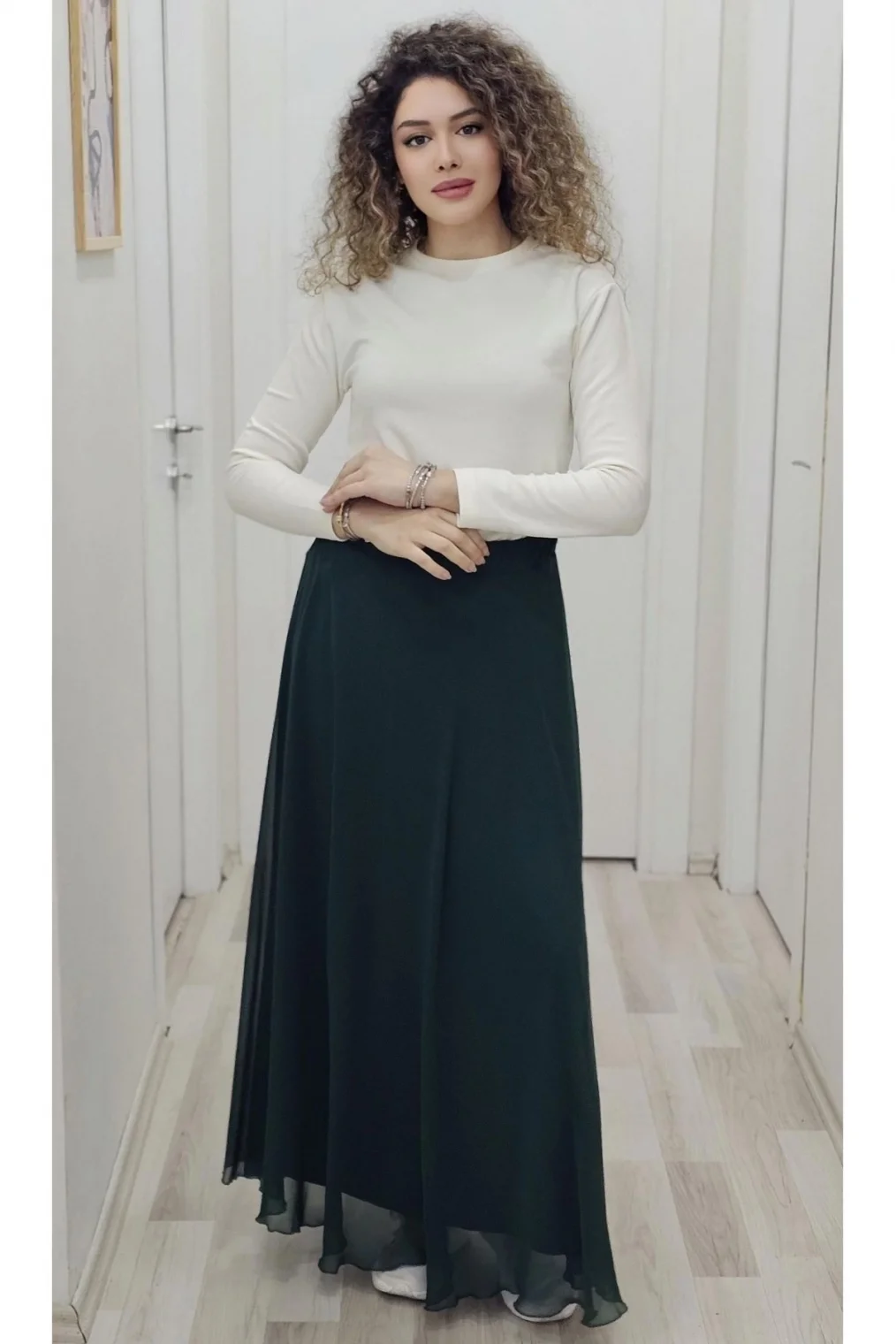 Bel Lastikli Kloş Şifon Etek 6003-Yeşil