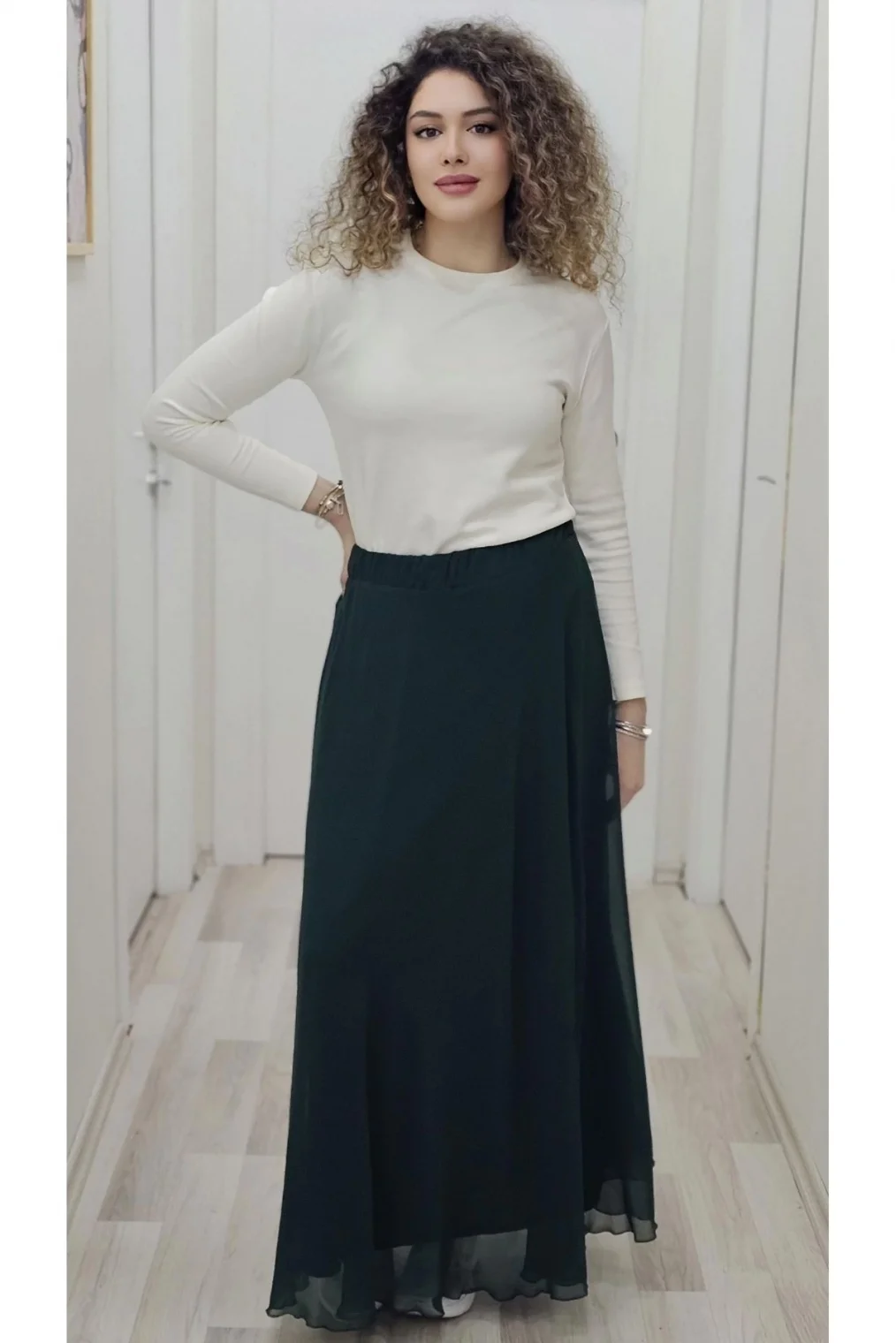 Bel Lastikli Kloş Şifon Etek 6003-Yeşil