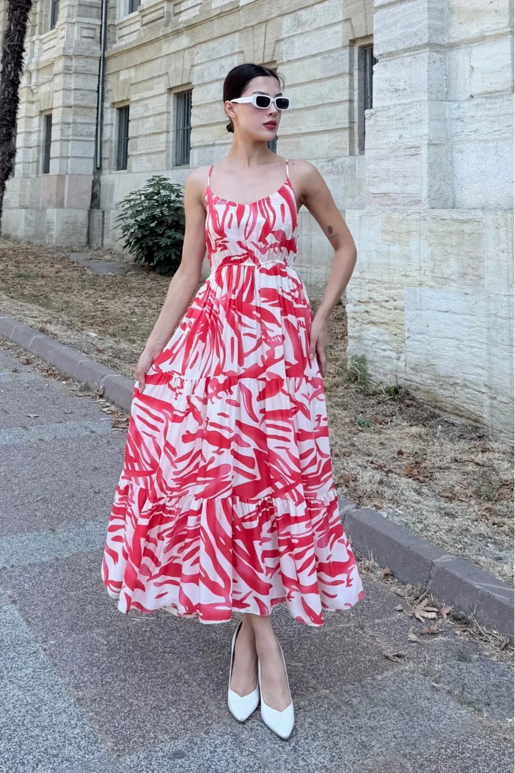 Beli Lastikli Askılı Viskon Elbise 6035-Fuşya