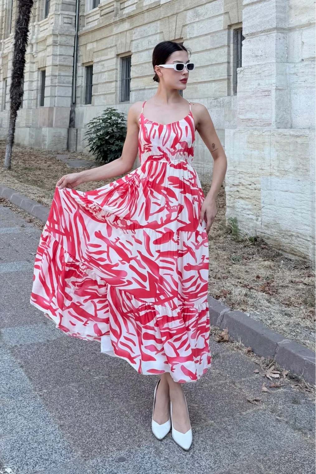 Beli Lastikli Askılı Viskon Elbise 6035-Fuşya