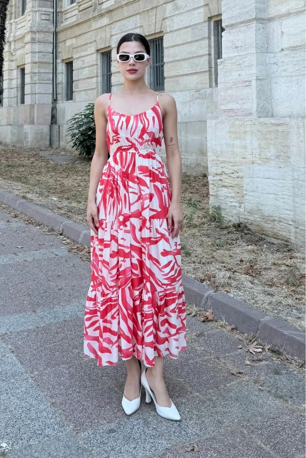 Beli Lastikli Askılı Viskon Elbise 6035-Fuşya