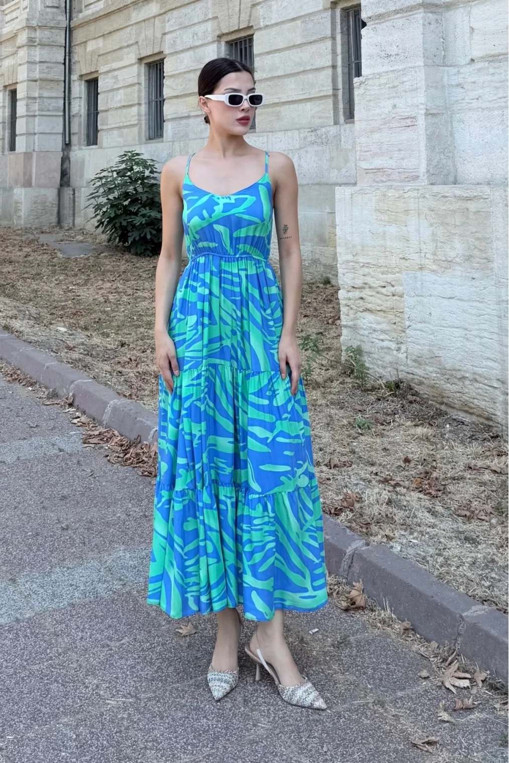 Beli Lastikli Askılı Viskon Elbise 6035-İndigo