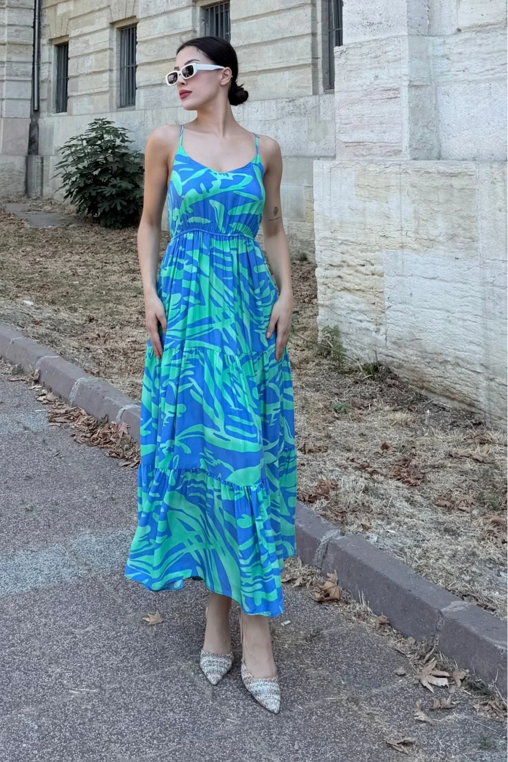 Beli Lastikli Askılı Viskon Elbise 6035-İndigo