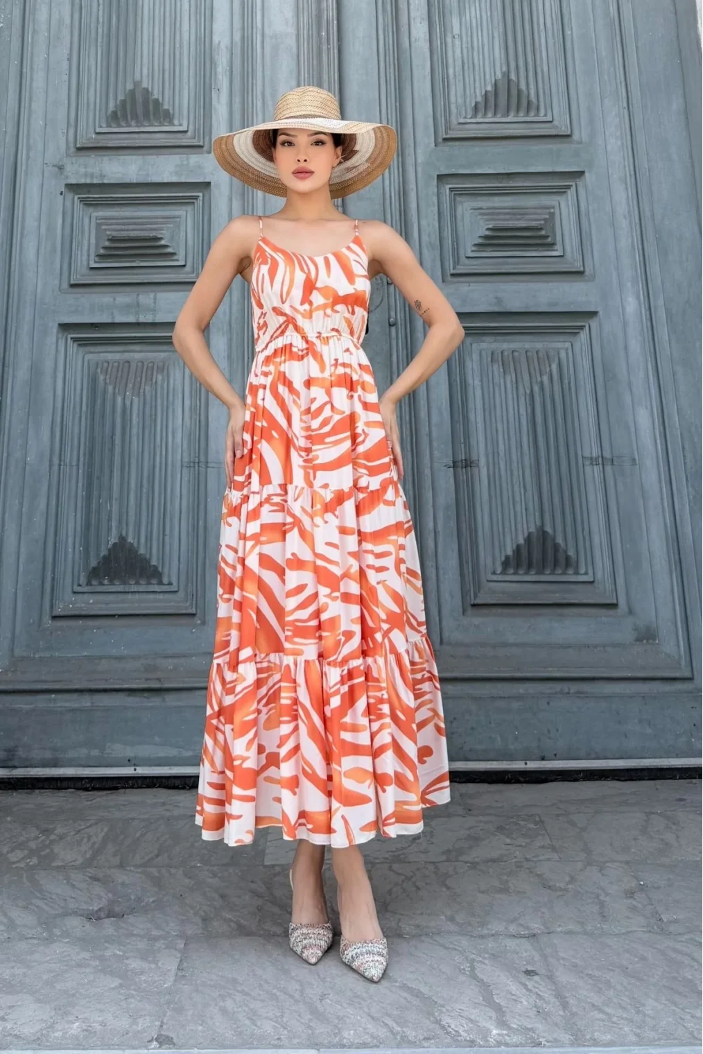 Beli Lastikli Askılı Viskon Elbise 6035-Oranj