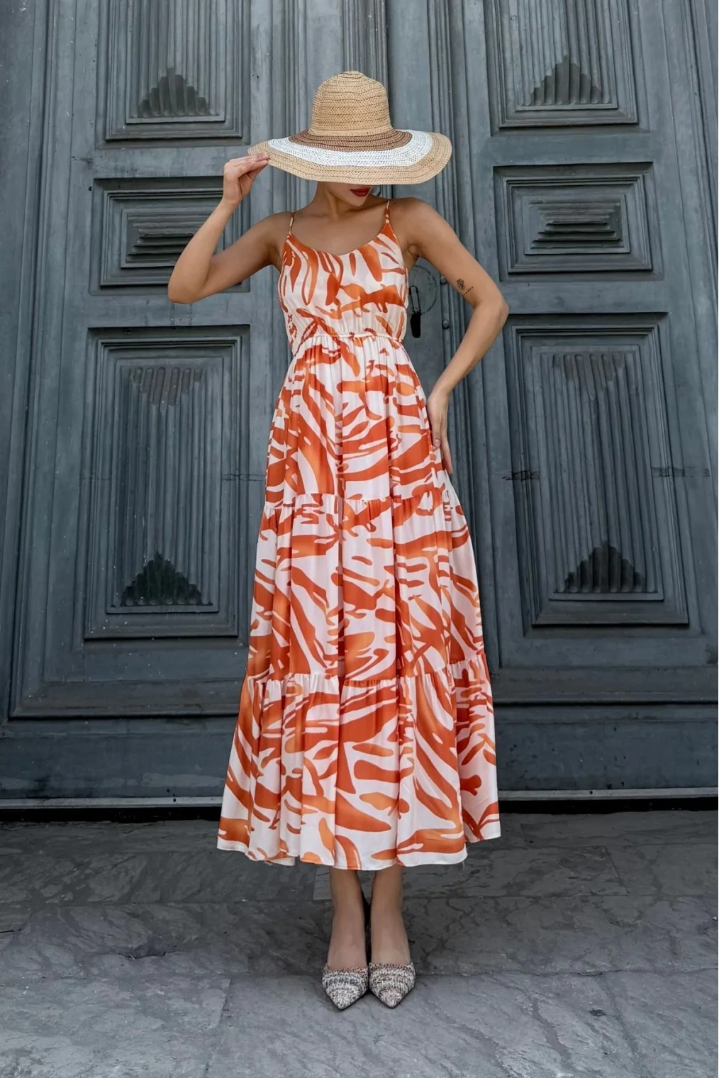 Beli Lastikli Askılı Viskon Elbise 6035-Oranj