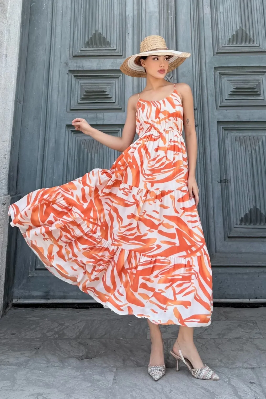 Beli Lastikli Askılı Viskon Elbise 6035-Oranj