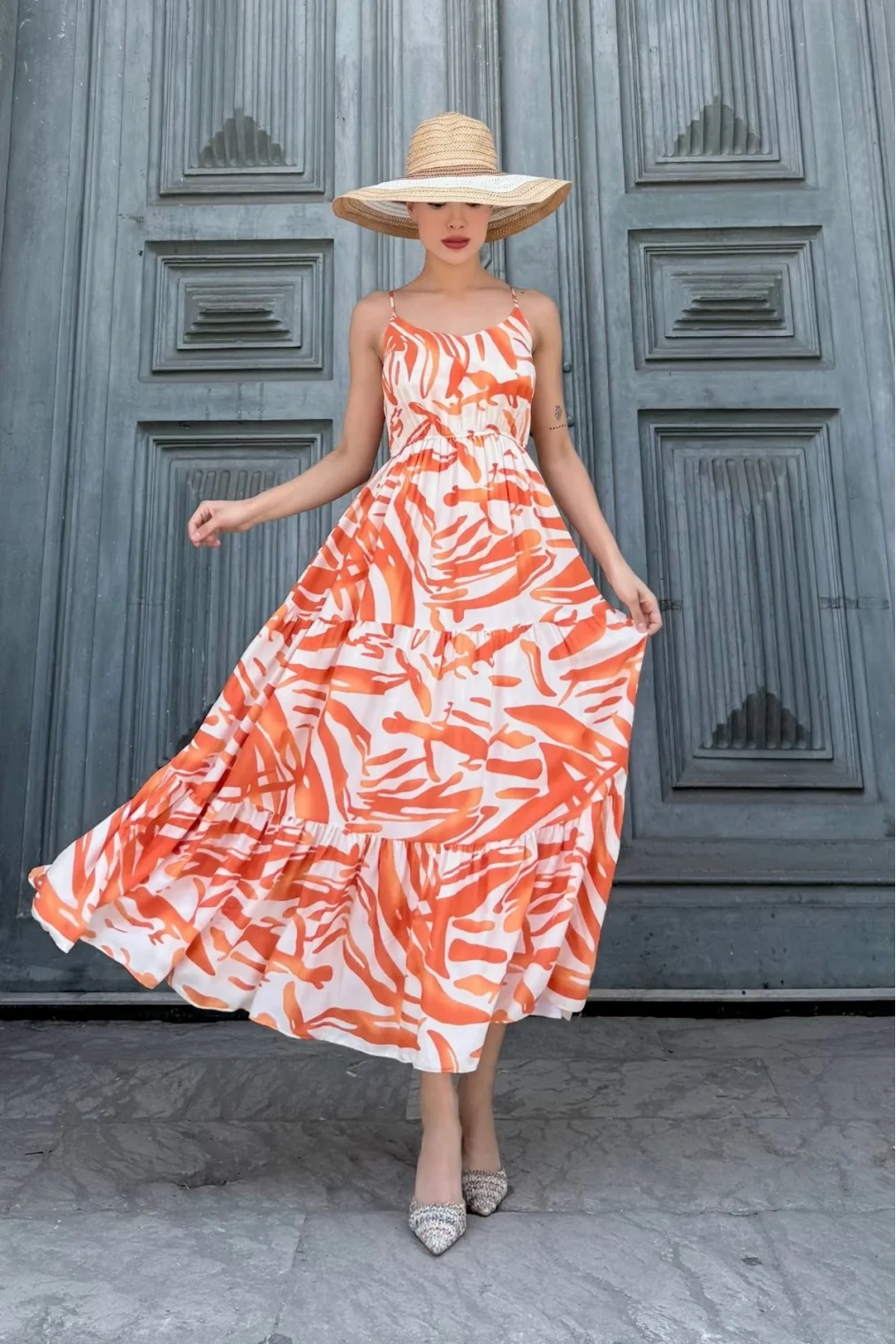 Beli Lastikli Askılı Viskon Elbise 6035-Oranj