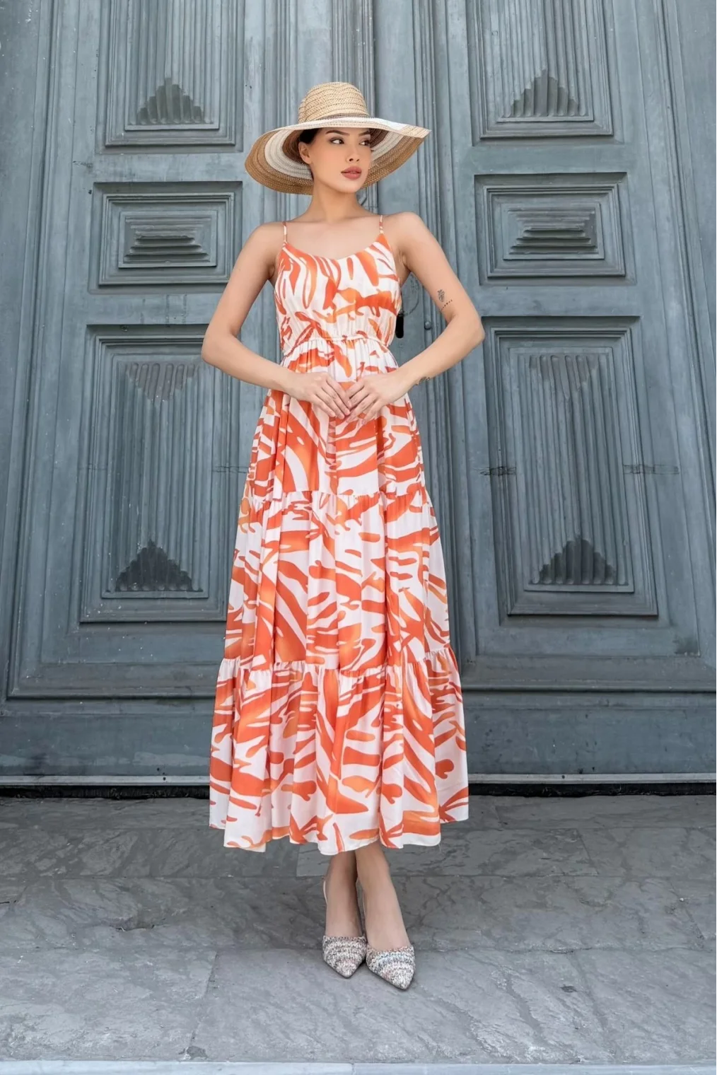 Beli Lastikli Askılı Viskon Elbise 6035-Oranj