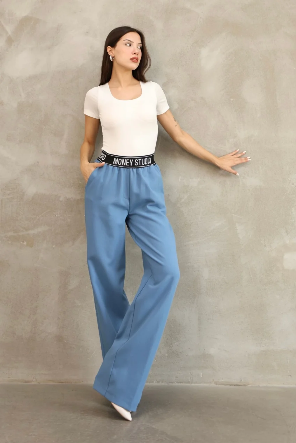 Beli Lastikli Palazzo Pantolon 6138-Mavi