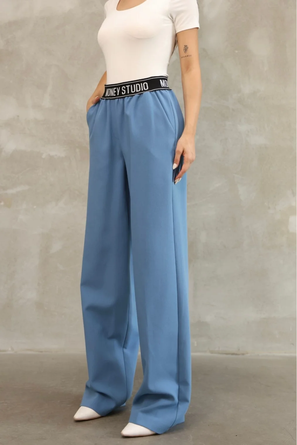 Beli Lastikli Palazzo Pantolon 6138-Mavi