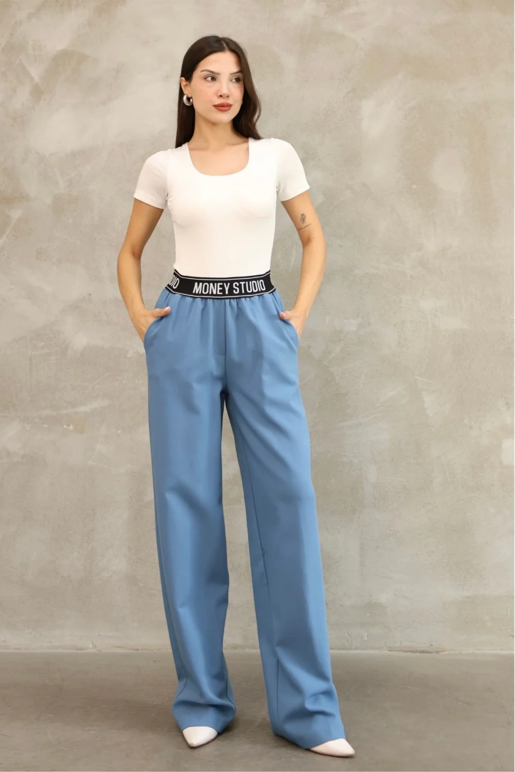 Beli Lastikli Palazzo Pantolon 6138-Mavi