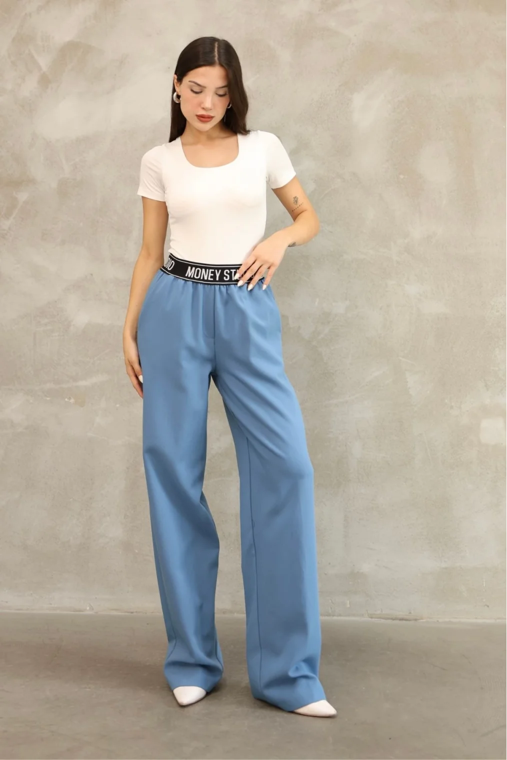 Beli Lastikli Palazzo Pantolon 6138-Mavi