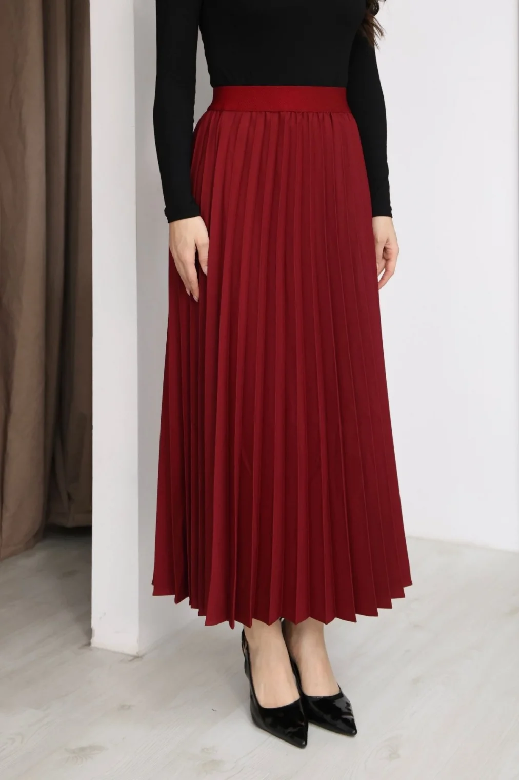 Beli Lastikli Piliseli Etek 6017-Bordo