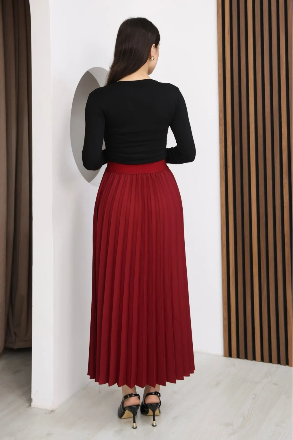 Beli Lastikli Piliseli Etek 6017-Bordo