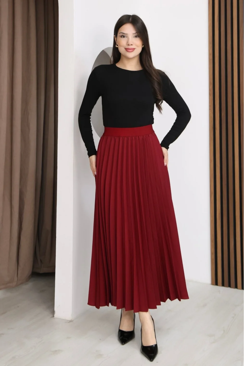 Beli Lastikli Piliseli Etek 6017-Bordo