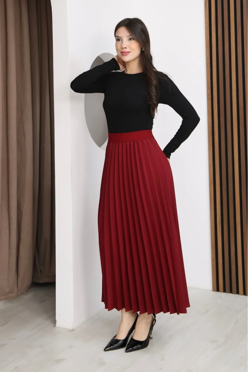 Beli Lastikli Piliseli Etek 6017-Bordo