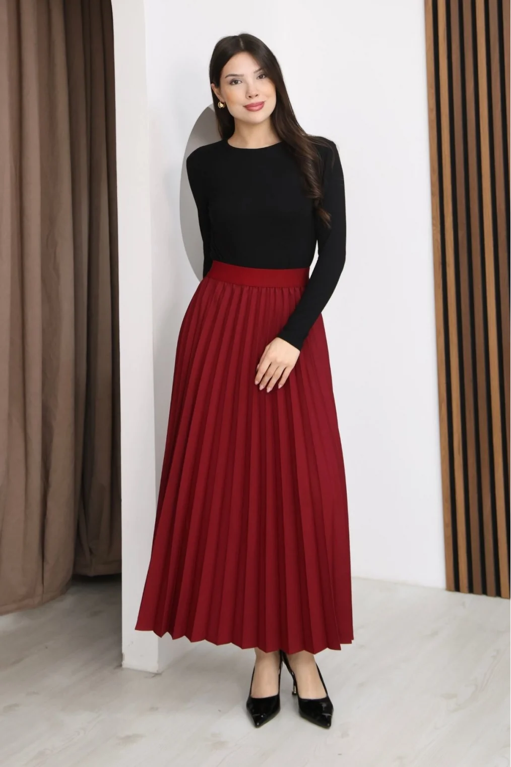 Beli Lastikli Piliseli Etek 6017-Bordo