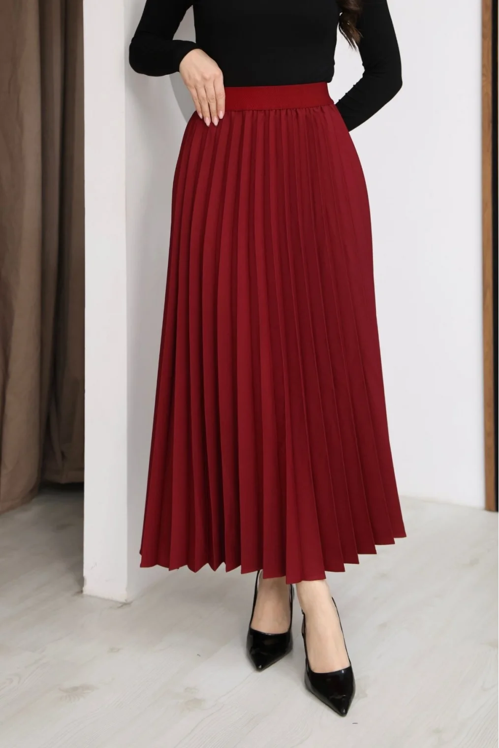 Beli Lastikli Piliseli Etek 6017-Bordo