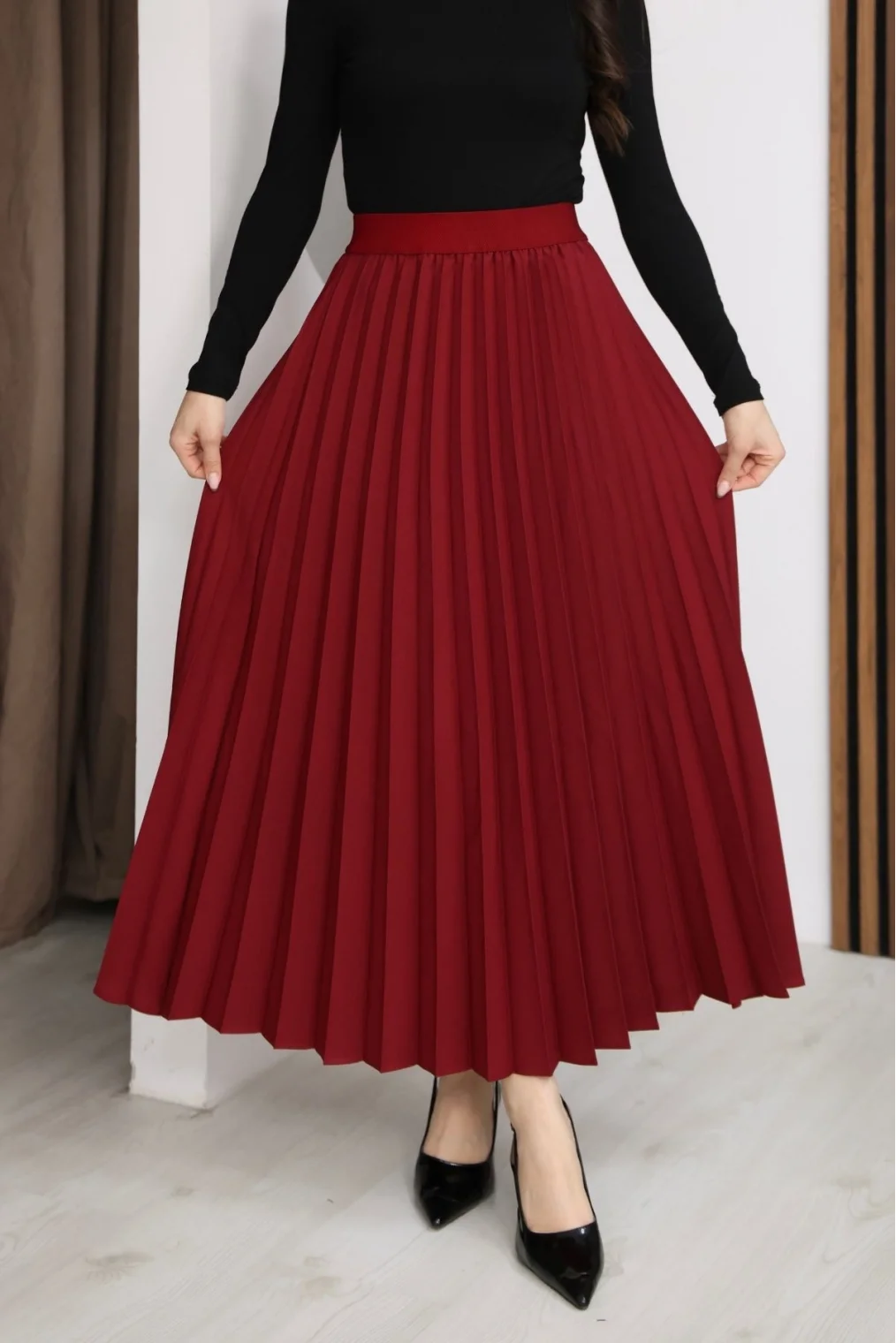 Beli Lastikli Piliseli Etek 6017-Bordo