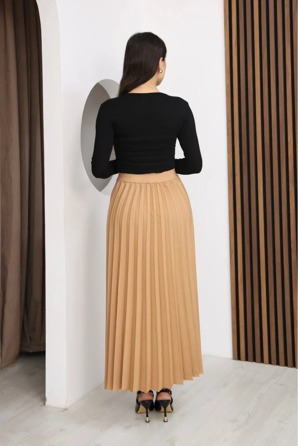 Beli Lastikli Piliseli Etek 6017-Camel