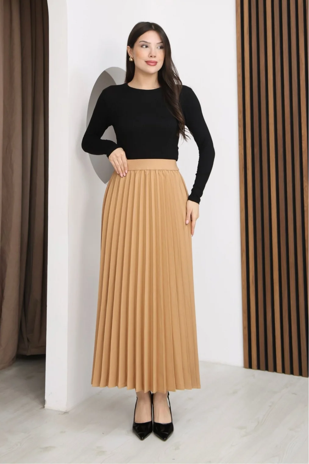 Beli Lastikli Piliseli Etek 6017-Camel