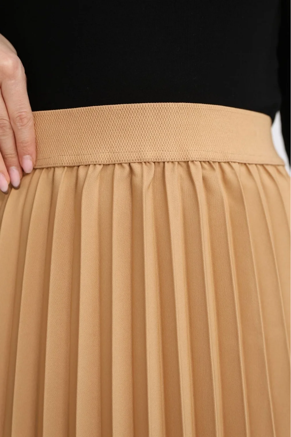 Beli Lastikli Piliseli Etek 6017-Camel