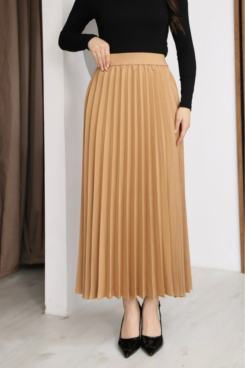 Beli Lastikli Piliseli Etek 6017-Camel