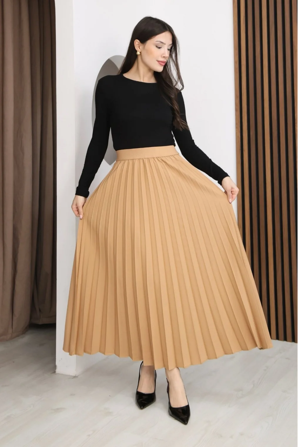 Beli Lastikli Piliseli Etek 6017-Camel