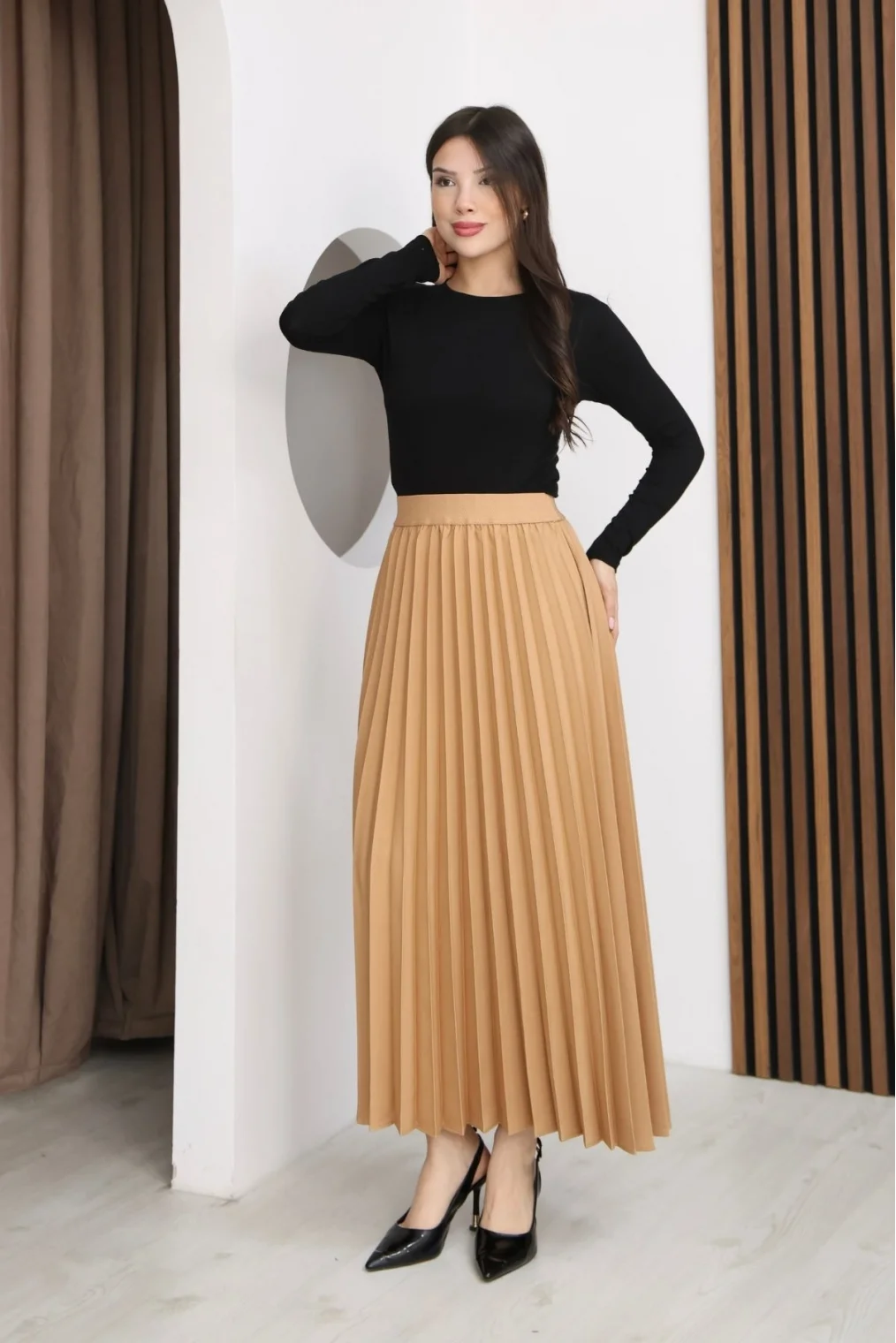 Beli Lastikli Piliseli Etek 6017-Camel