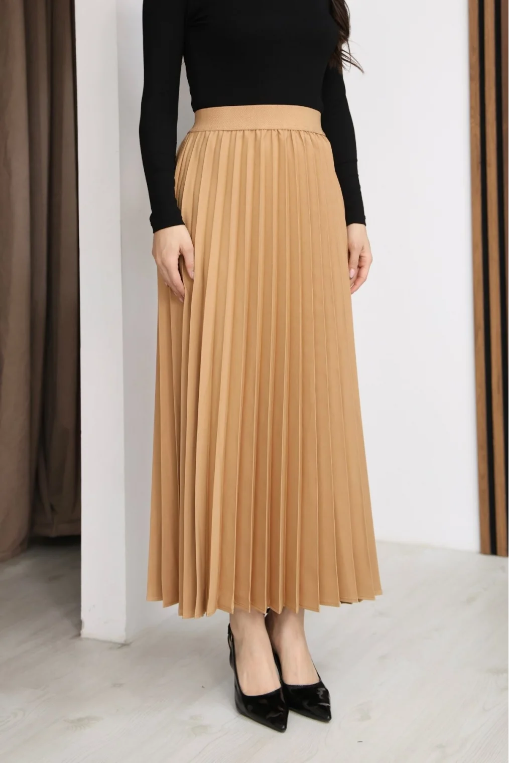 Beli Lastikli Piliseli Etek 6017-Camel