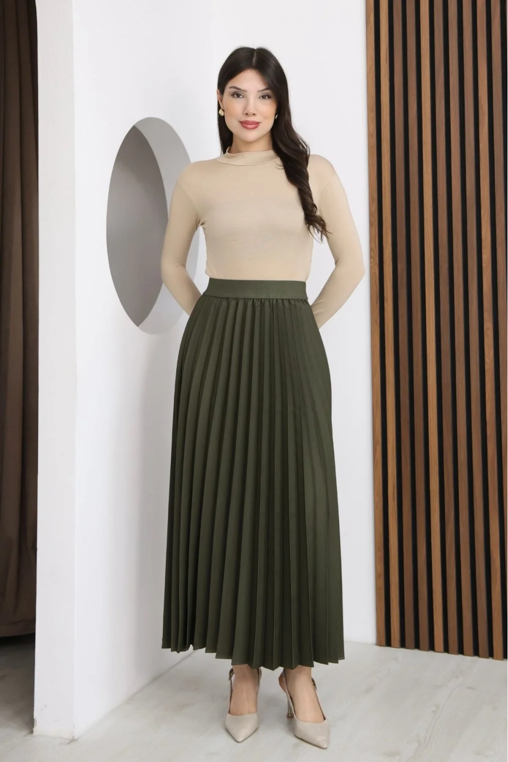 Beli Lastikli Piliseli Etek 6017-Haki