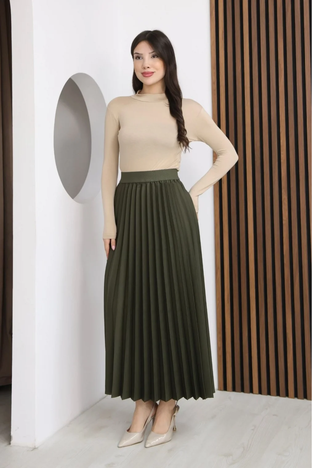 Beli Lastikli Piliseli Etek 6017-Haki