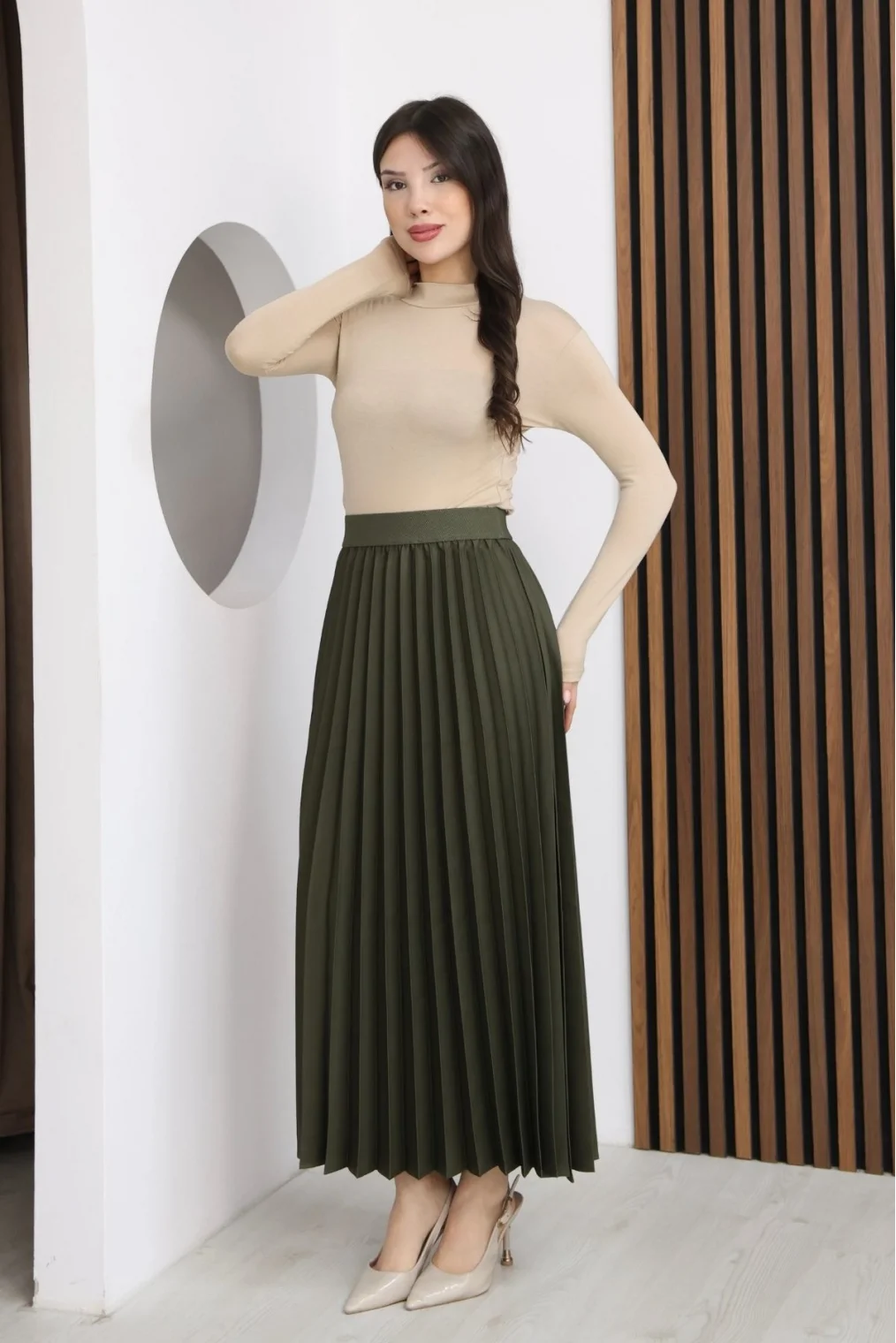 Beli Lastikli Piliseli Etek 6017-Haki